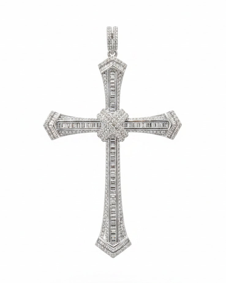 Large Cross Baguette Paved Diamond Necklace Pendant 14K