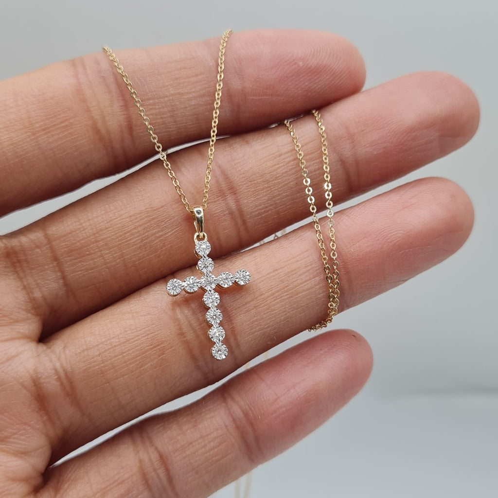 Golden Dainty Cross Diamond Necklace 14K