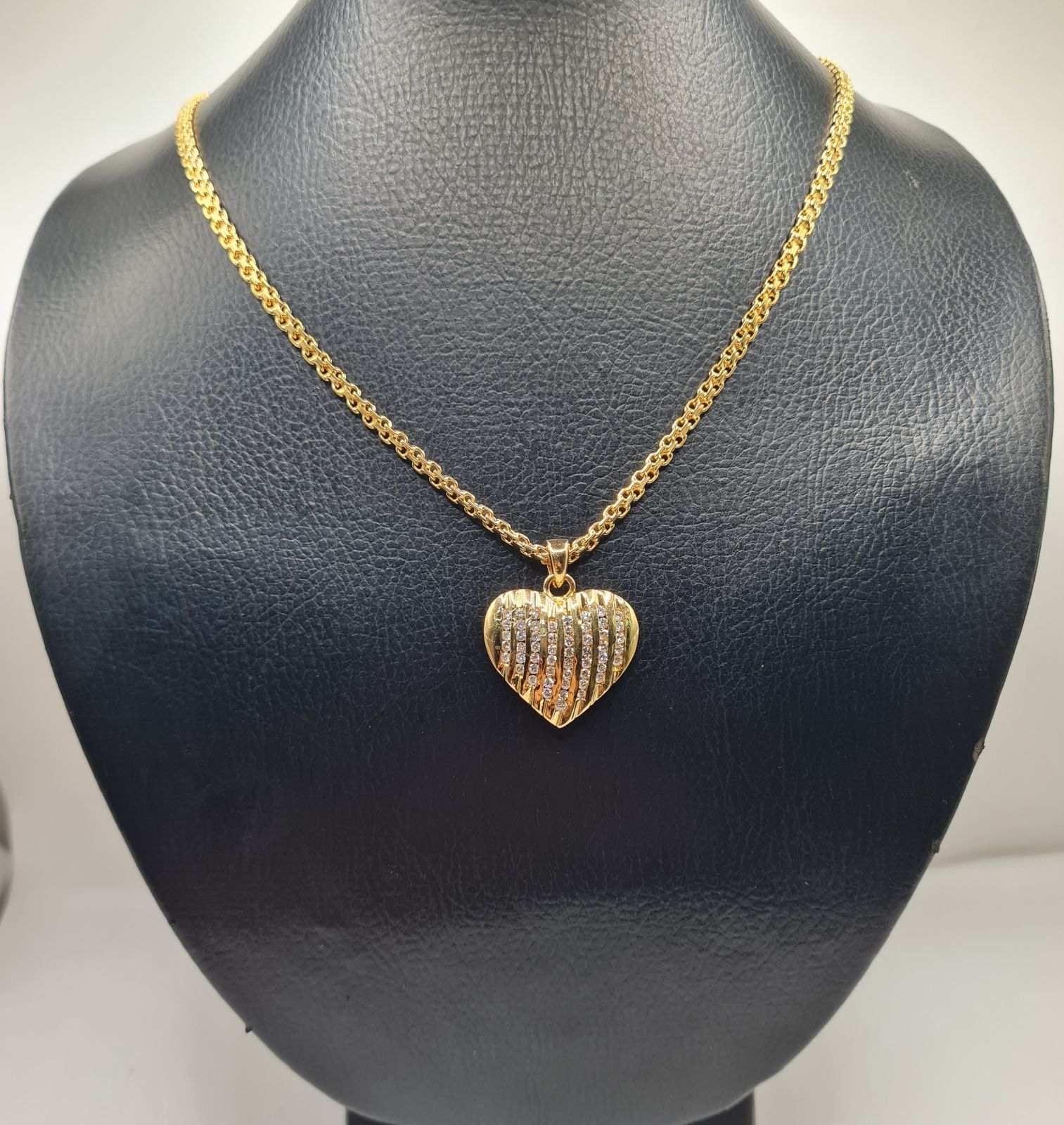 Classic Heart Stripe Pave Diamond Double Rope Chain Necklace 14K