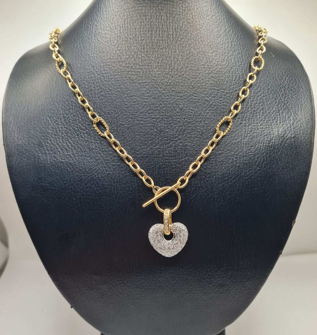 Classic Heart Drop Diamond Pave Belcher Chain Necklace 18K