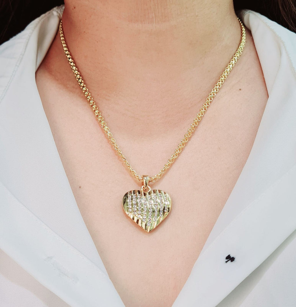 Classic Heart Stripe Pave Diamond Double Rope Chain Necklace 14K