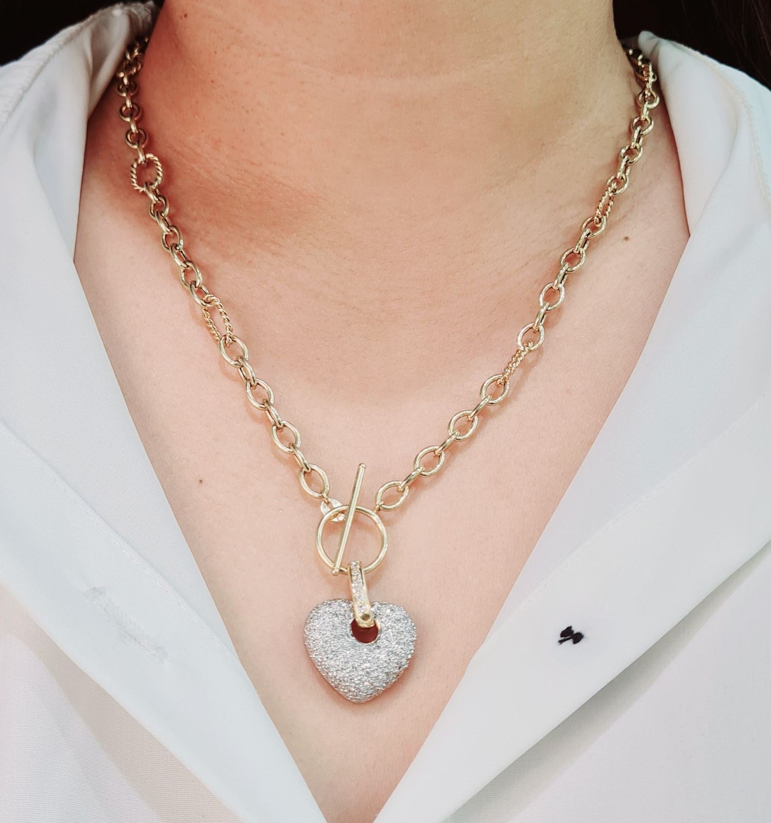 Classic Heart Drop Diamond Pave Belcher Chain Necklace 18K