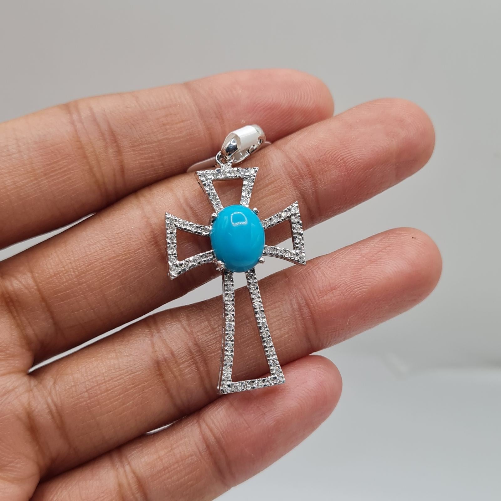 Oval Turquoise Gemstones Halo Paved Cross Diamond Pendant 14K