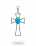 Oval Turquoise Gemstones Halo Paved Cross Diamond Pendant 14K