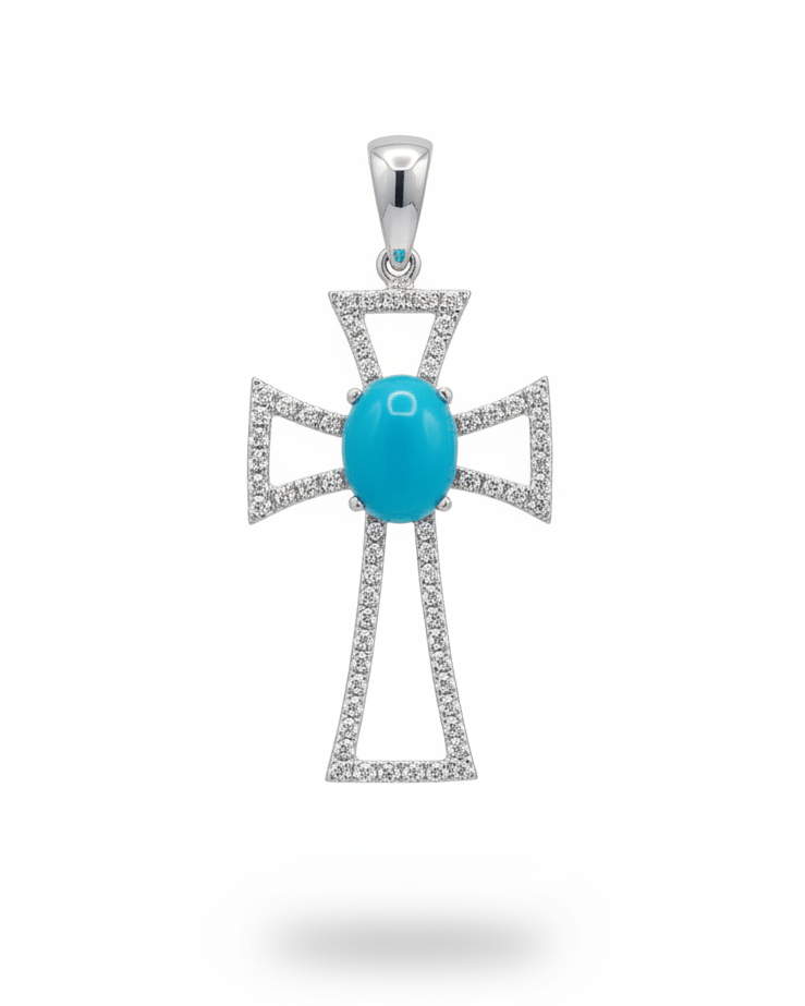 Oval Turquoise Gemstones Halo Paved Cross Diamond Pendant 14K