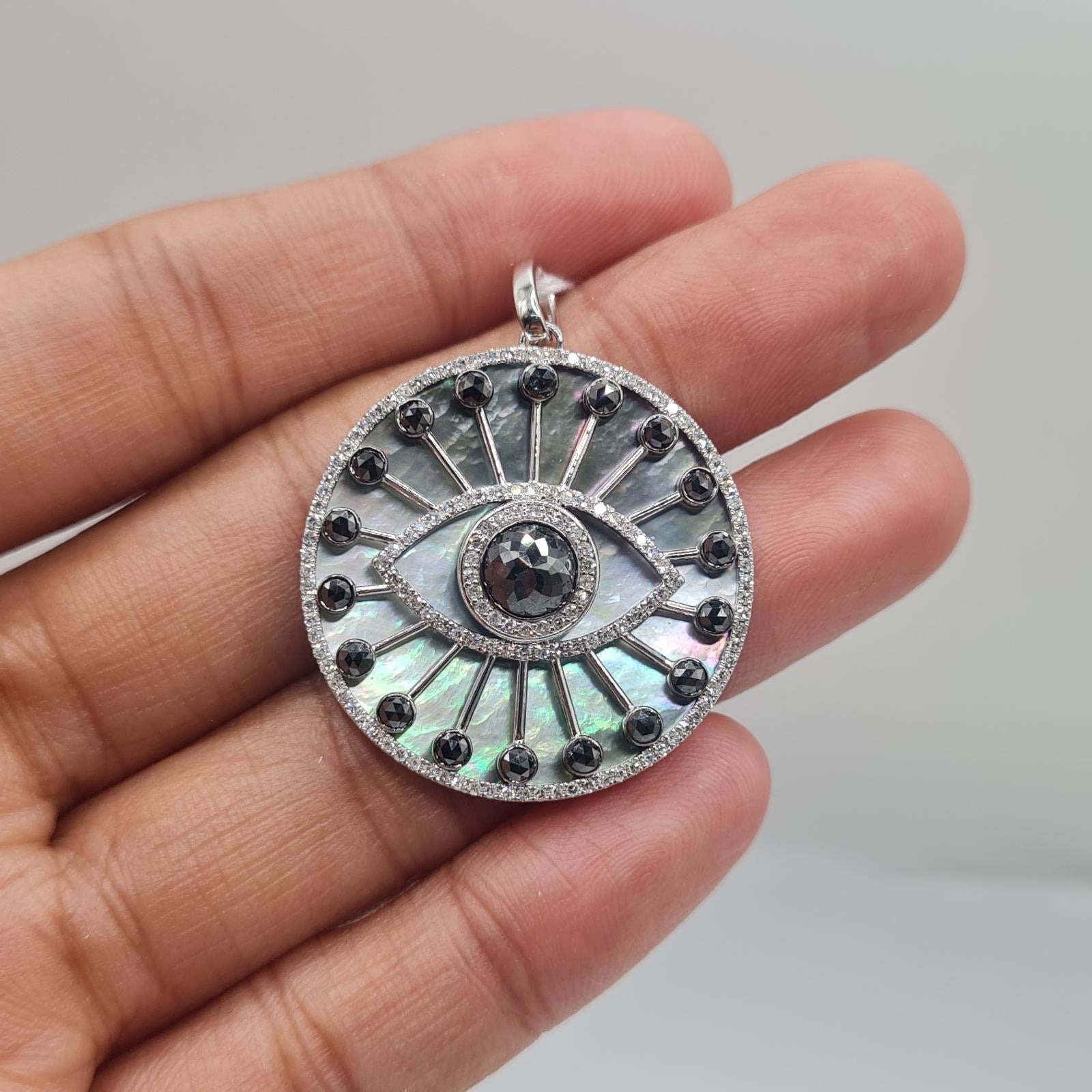 Evil Eye Black Diamond Mother of Pearl Diamond Necklace Pendant 14K