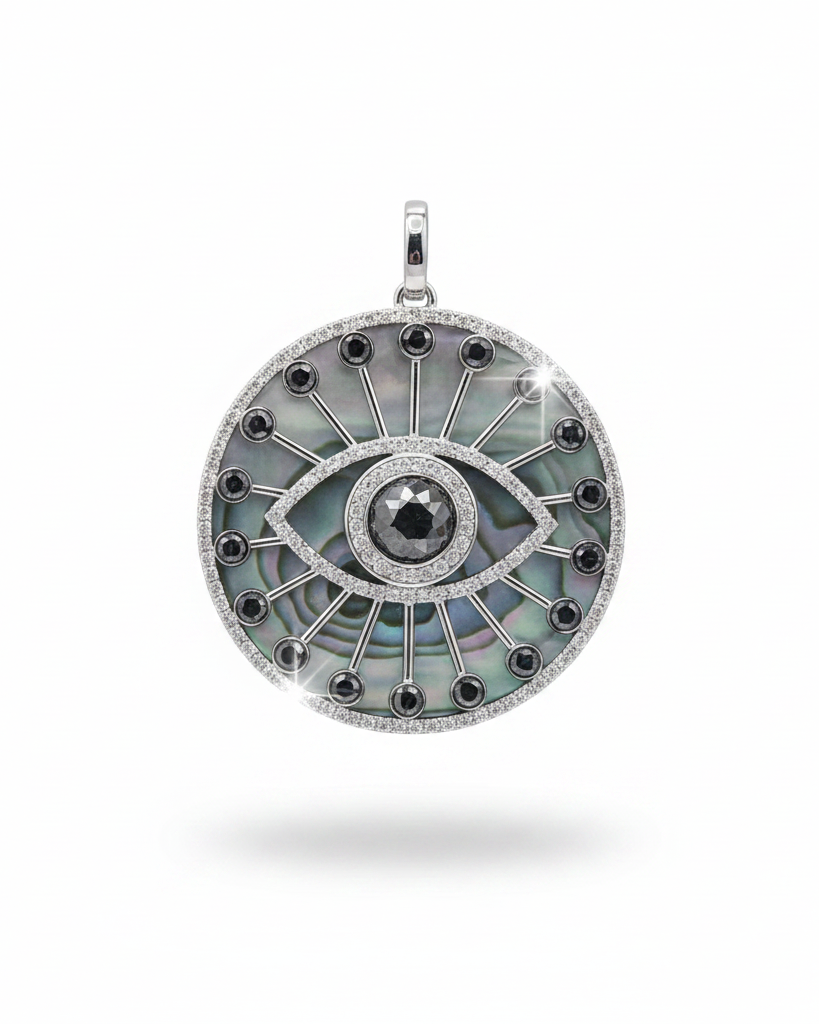 Evil Eye Black Diamond Mother of Pearl Diamond Necklace Pendant 14K