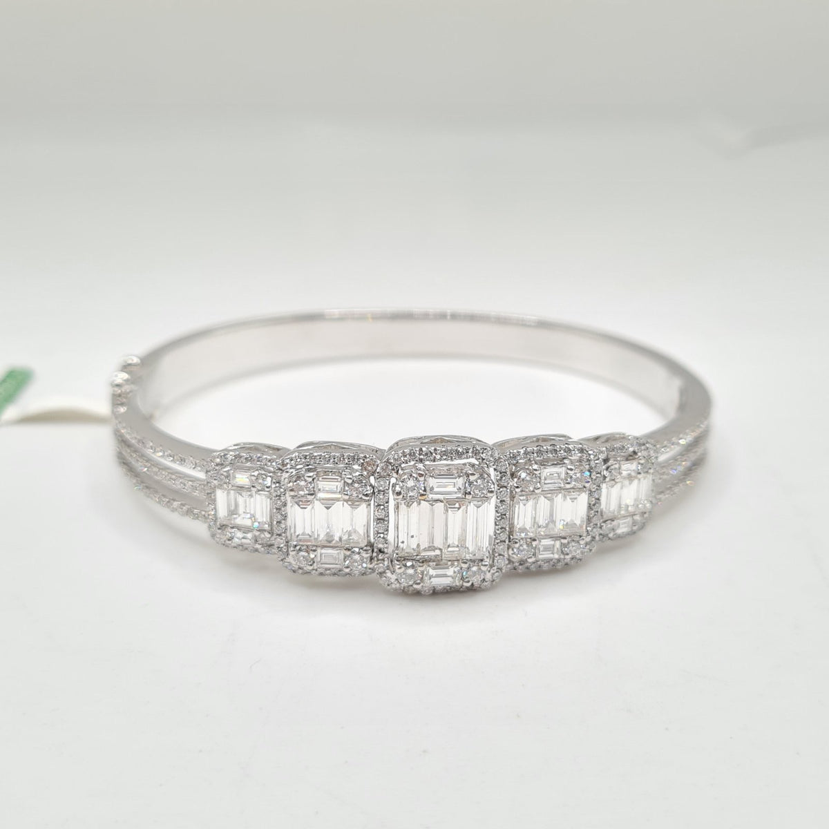 XX Classic White Gold Emerald Baguette Invisible Setting Diamond Pave Bangle Bracelet 18K