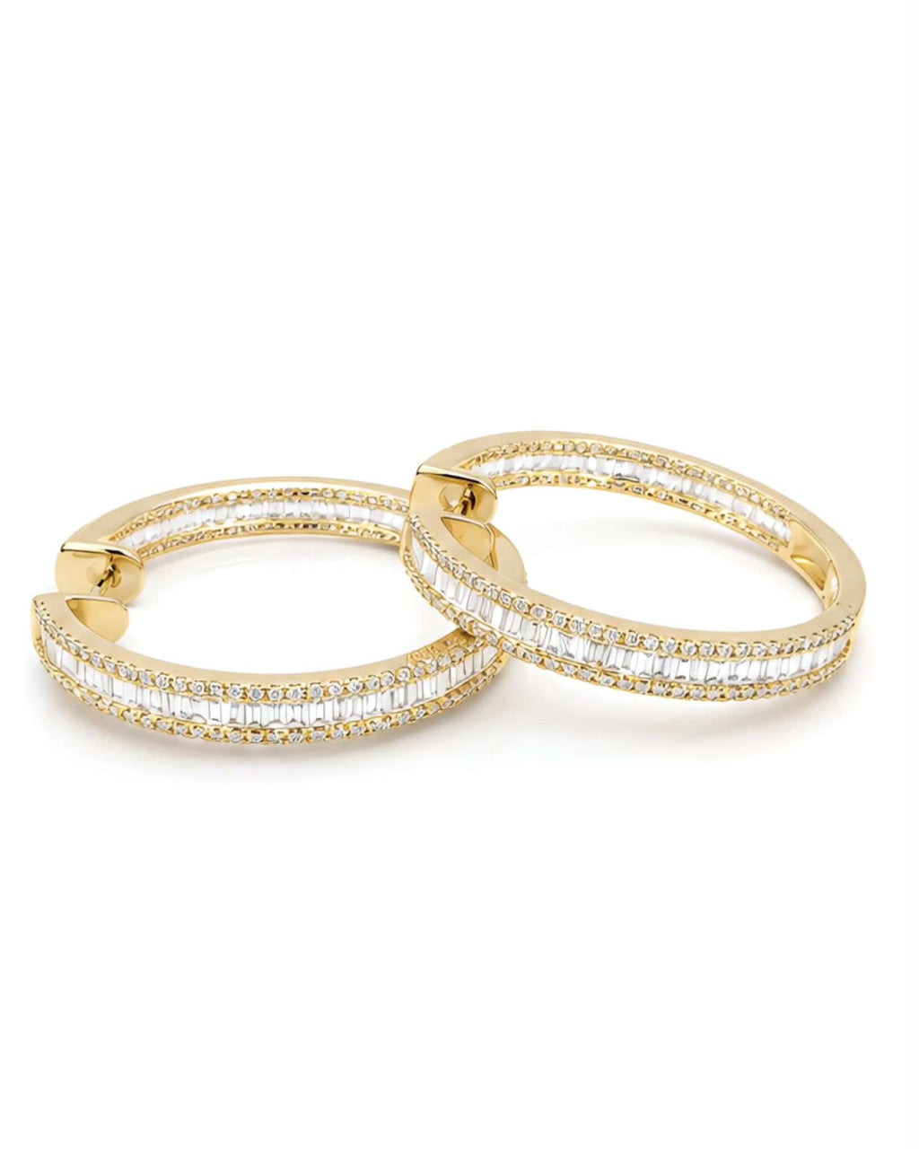 Classic Golden Baguette Hoop Statement Diamond Earrings 14K