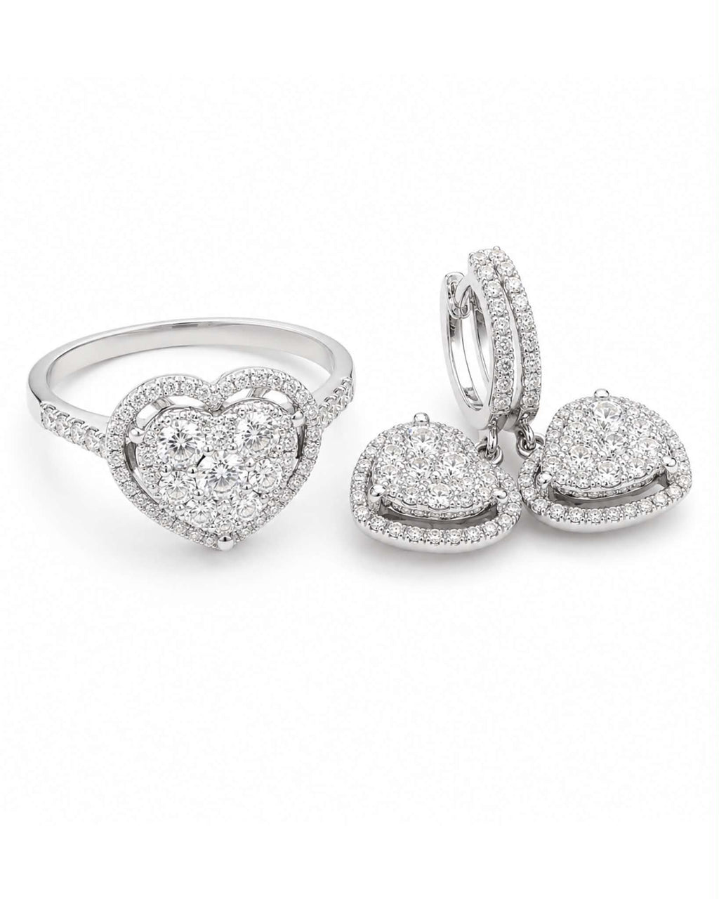 Classic Heart Halo Round Paved Dangling Diamond Jewelry Set 18K