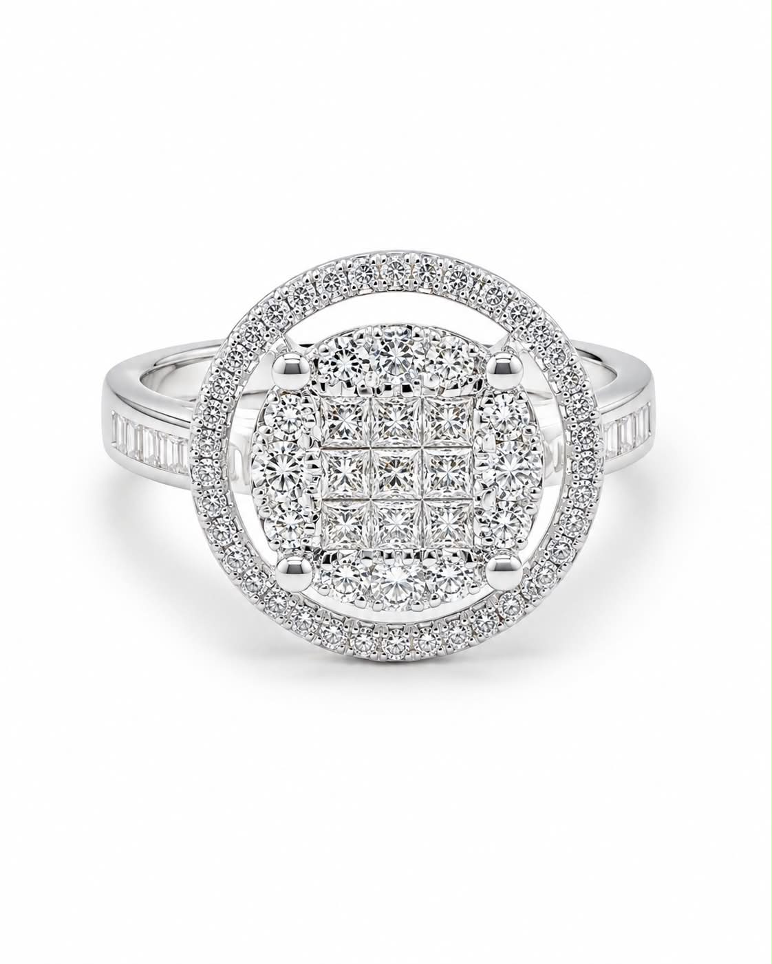Classic Round Halo Paved Invisible Setting Diamond Ring 14K