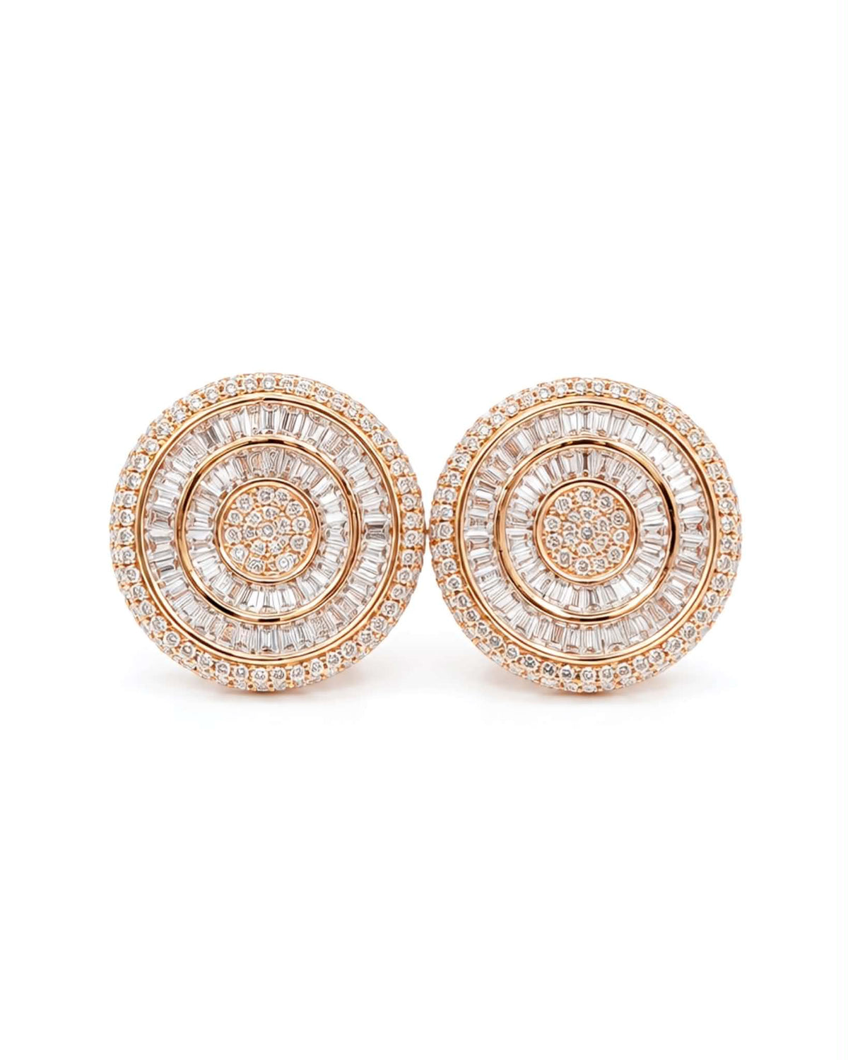 Classic Golden Round Baguette Stud Diamond Earrings 18K
