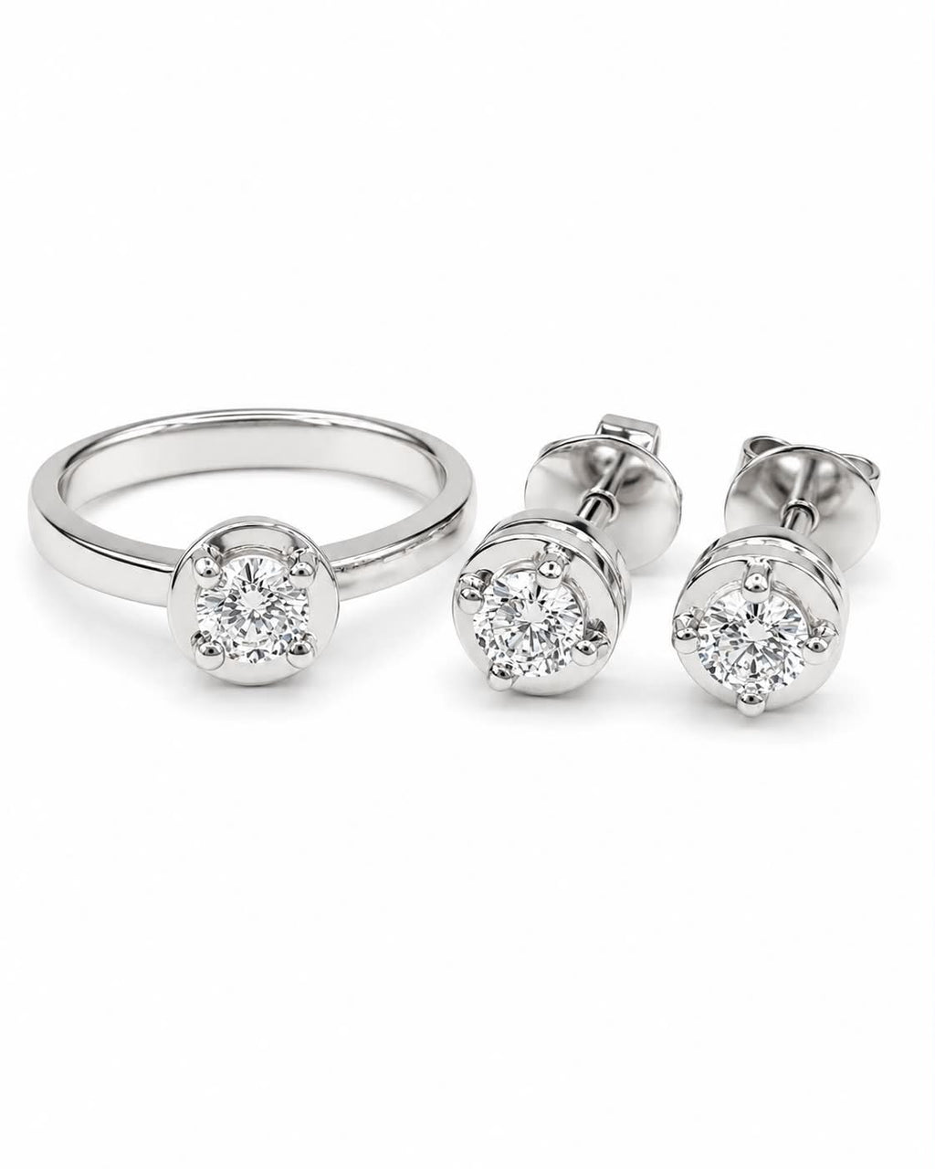 Classic Round Bezel Stud Diamond Jewelry Set 14K