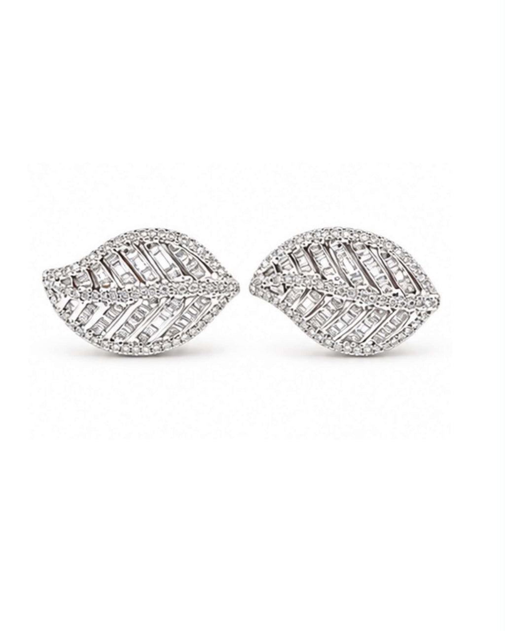 Classic Leaf Baguette Stud Diamond Earrings 14K