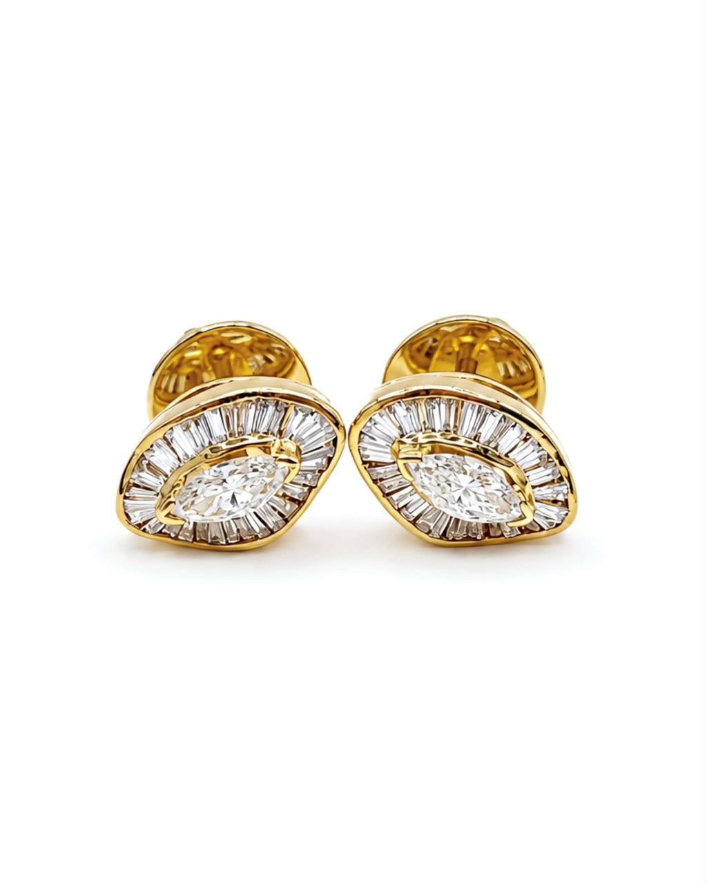 Classic Baguette Marquise Stud Diamond Earrings 14K