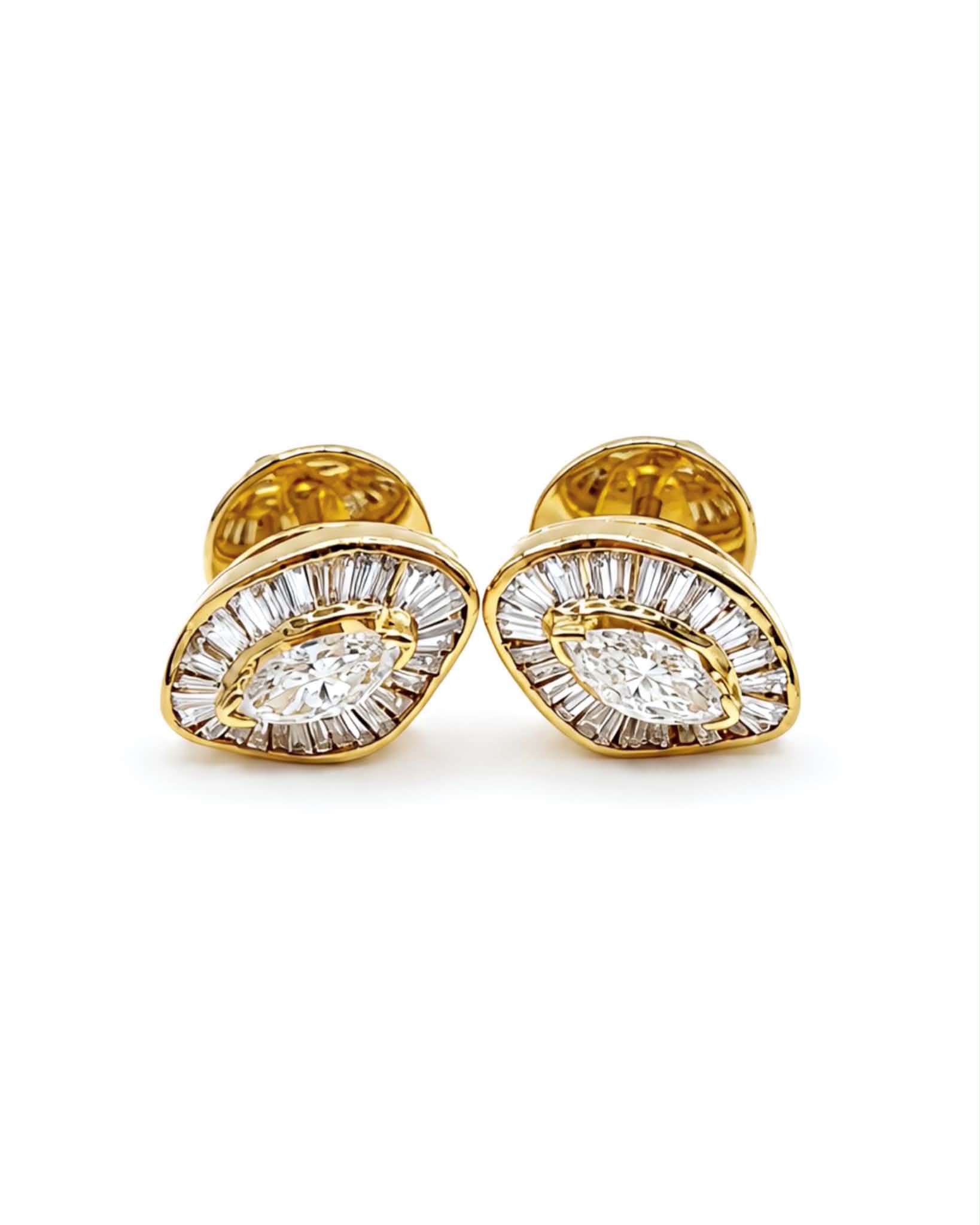 Classic Baguette Marquise Stud Diamond Earrings 14K