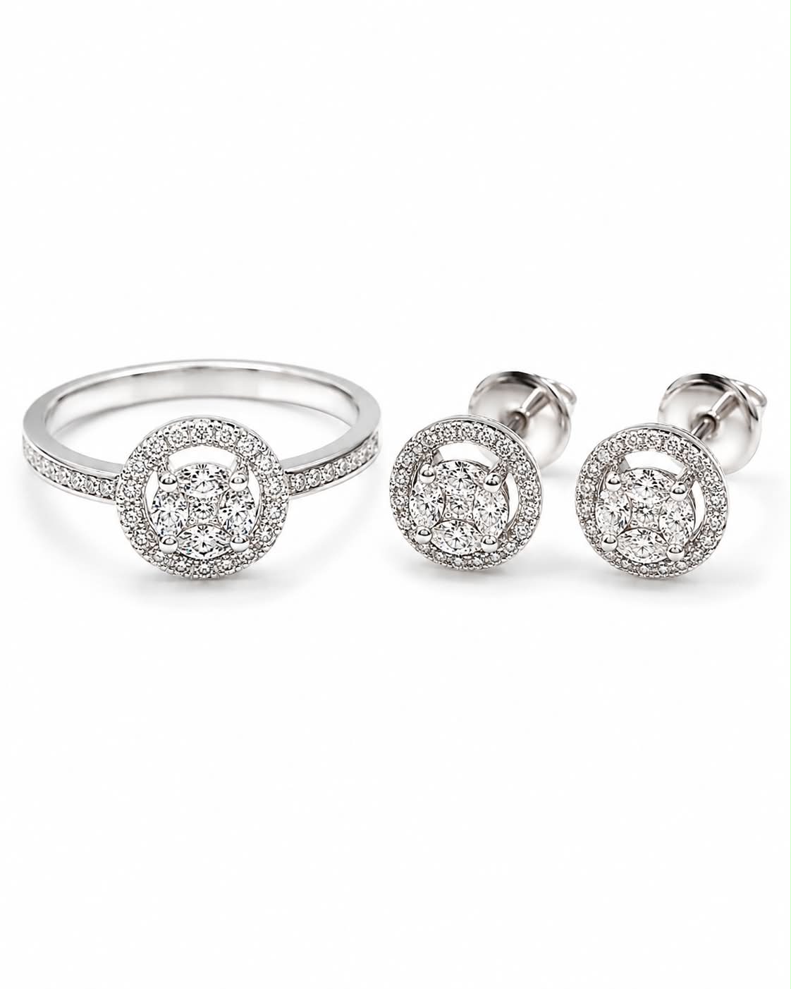 Classic Round Halo Invisible Setting Paved Stud Diamond Jewelry Set 14K