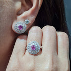 Floral Pink Sapphire Gemstones Diamond Jewelry Set 14K
