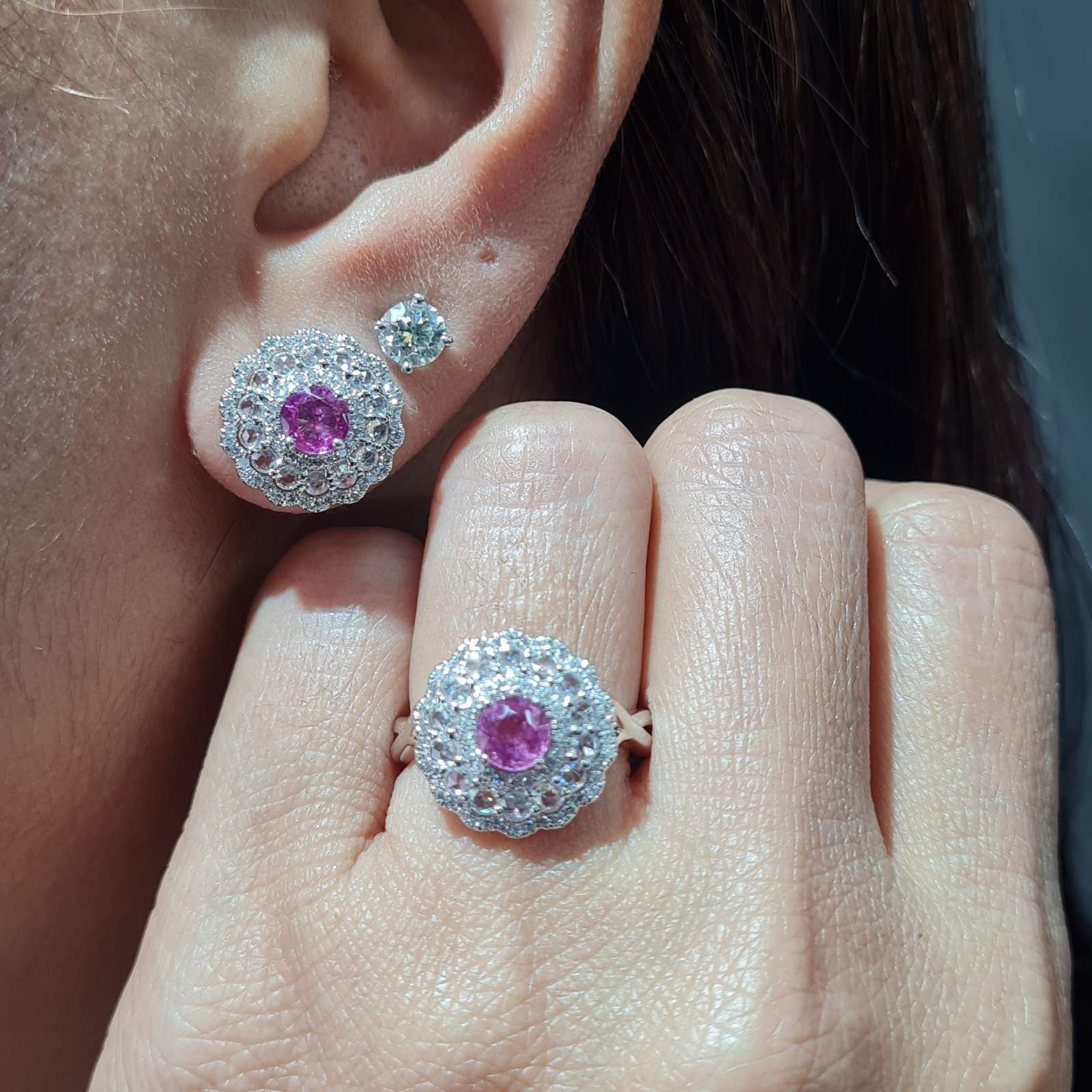 Floral Pink Sapphire Gemstones Diamond Jewelry Set 14K