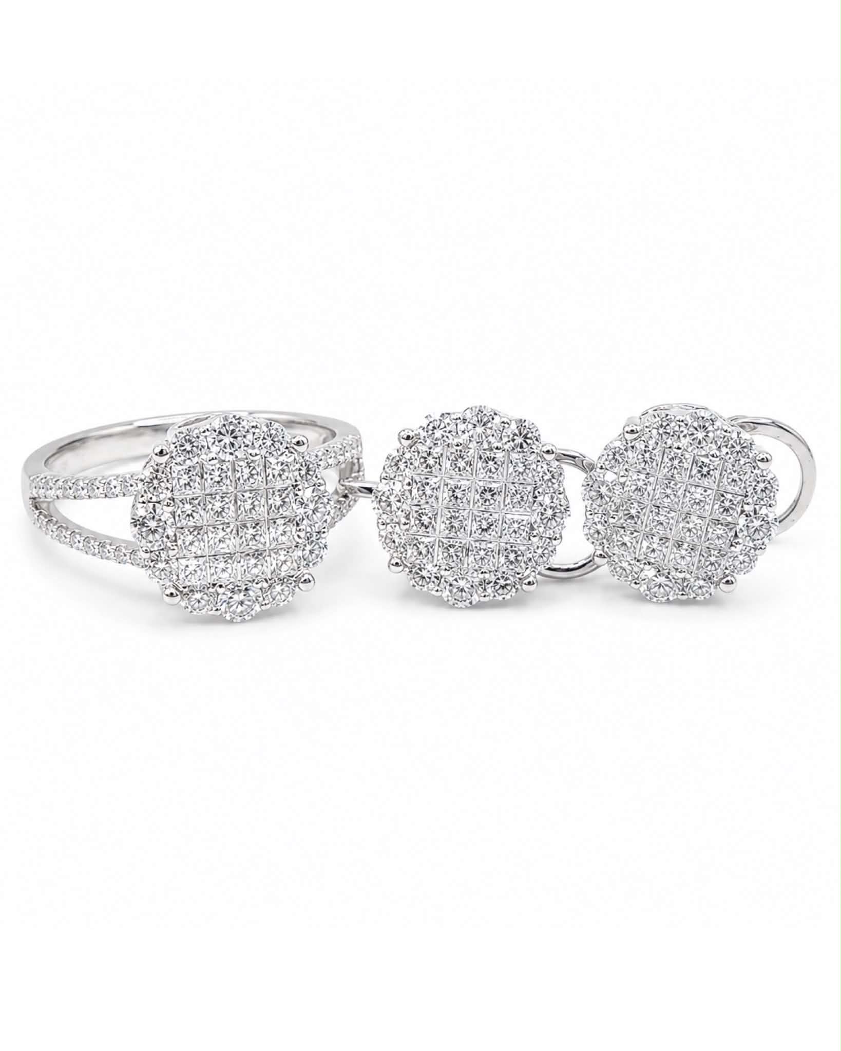 Classic Round Invisible Setting Paved Stud Diamond Jewelry Set 18K