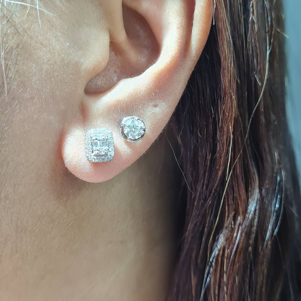 Classic Emerald Halo Stud Diamond Earrings 14K