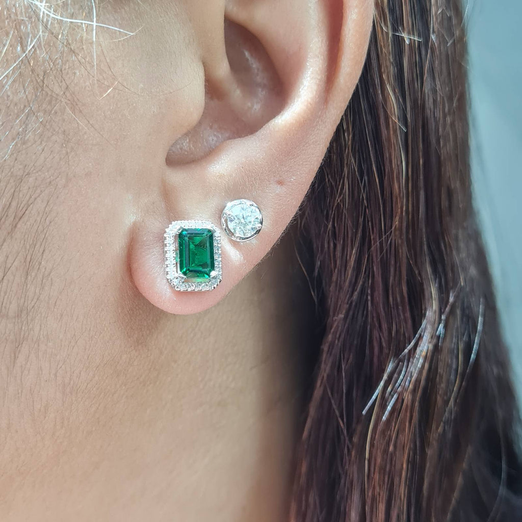 XX Green Emerald Gemstones Halo Stud Diamond Earrings 14K