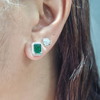 XX Green Emerald Gemstones Halo Stud Diamond Earrings 14K