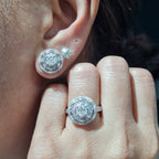 Classic Round Halo Baguette Stud Diamond Jewelry Set 14K