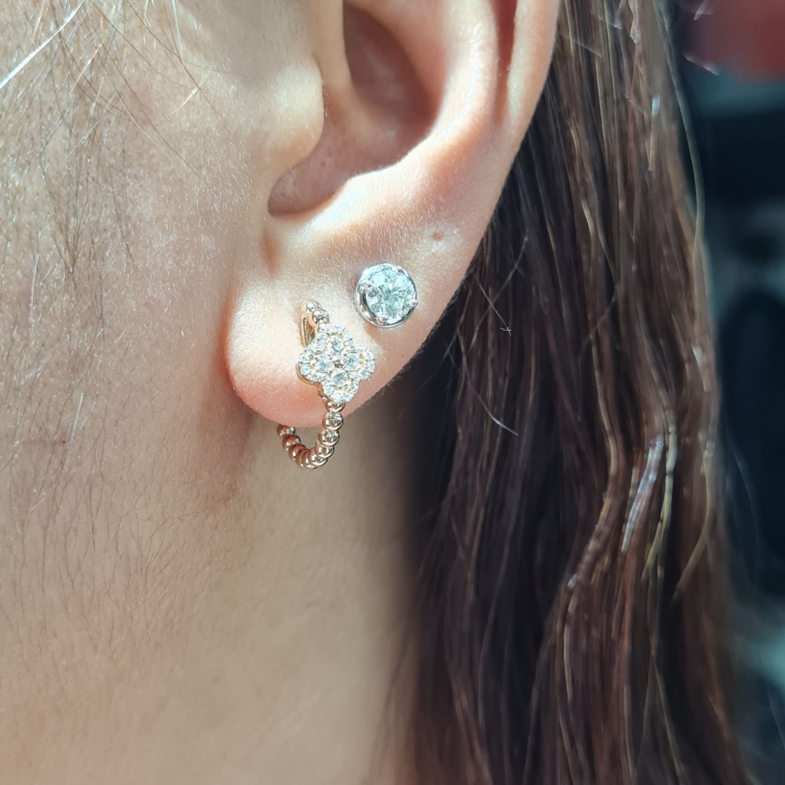 Classic Clover Beaded Hoop Diamond Earrings 14K
