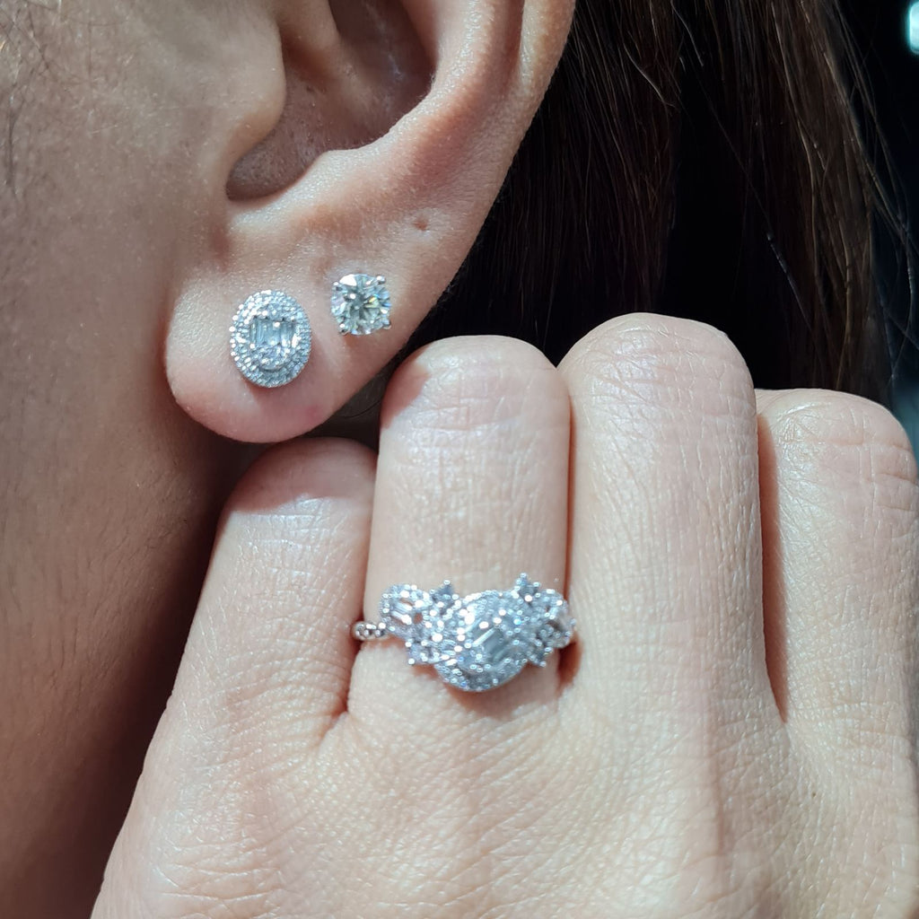 Classic Oval Halo Baguette Deco Diamond Jewelry Set 14K