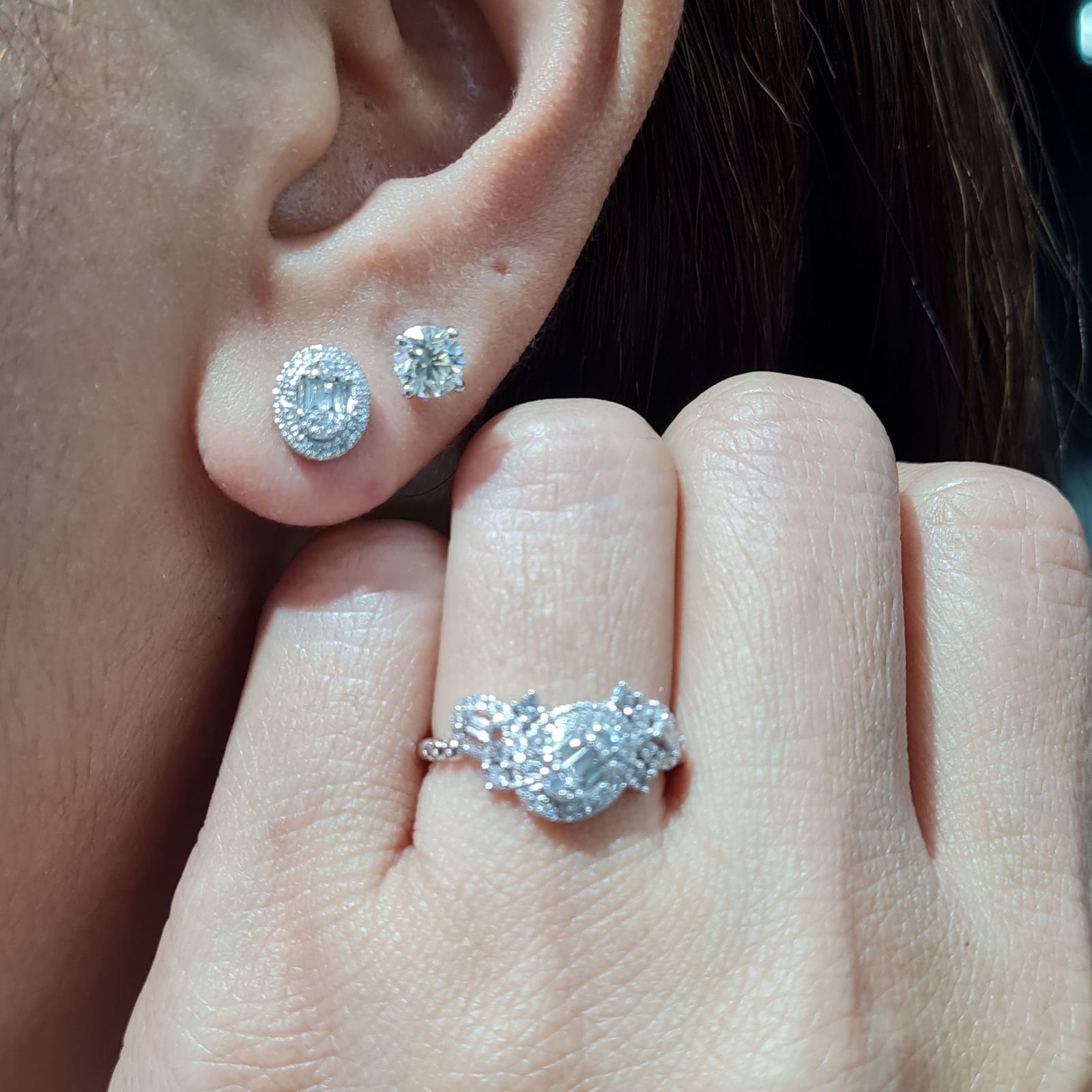 Classic Oval Halo Baguette Deco Diamond Jewelry Set 14K