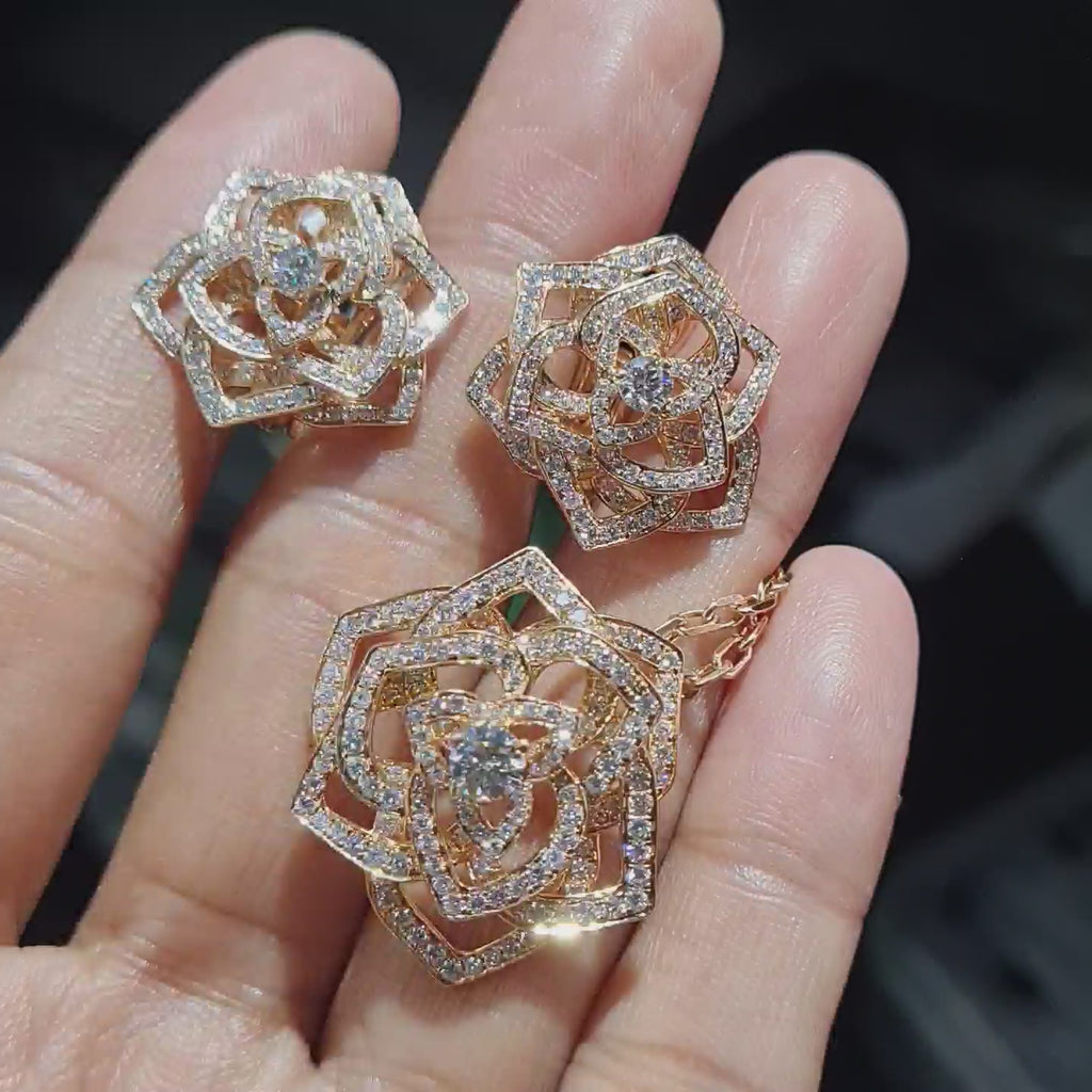 Golden Floral Paved Statement Diamond Jewelry Set 14K