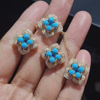Golden Turquoise Gemstones Clover Diamond Jewelry Set 14K