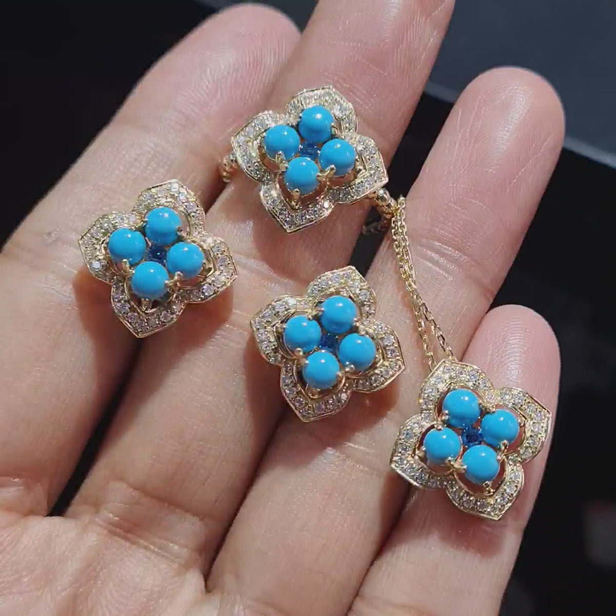 Golden Turquoise Gemstones Clover Diamond Jewelry Set 14K