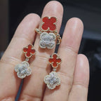 Golden Double Clover Chain Drop Diamond Jewelry Set 14K