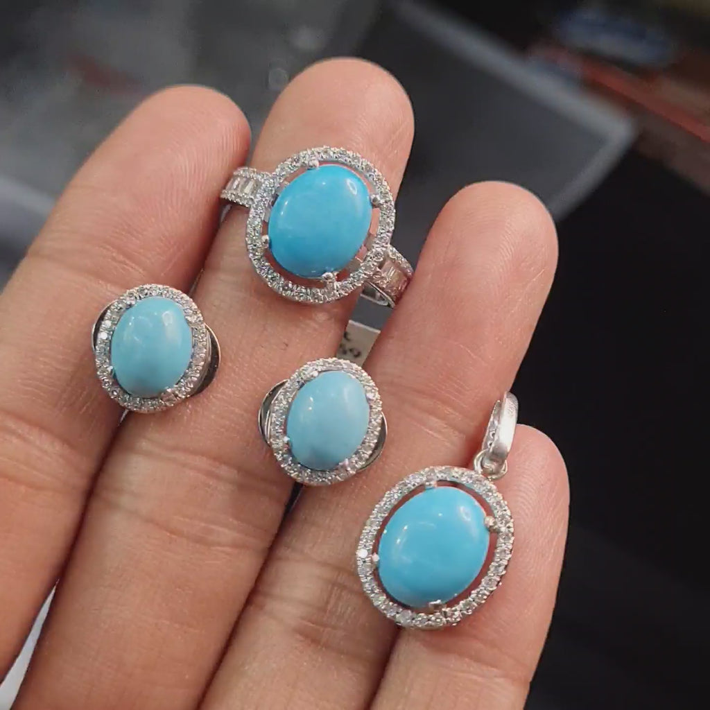 Turquoise Gemstones Oval Halo Paved Diamond Jewelry Set 14K