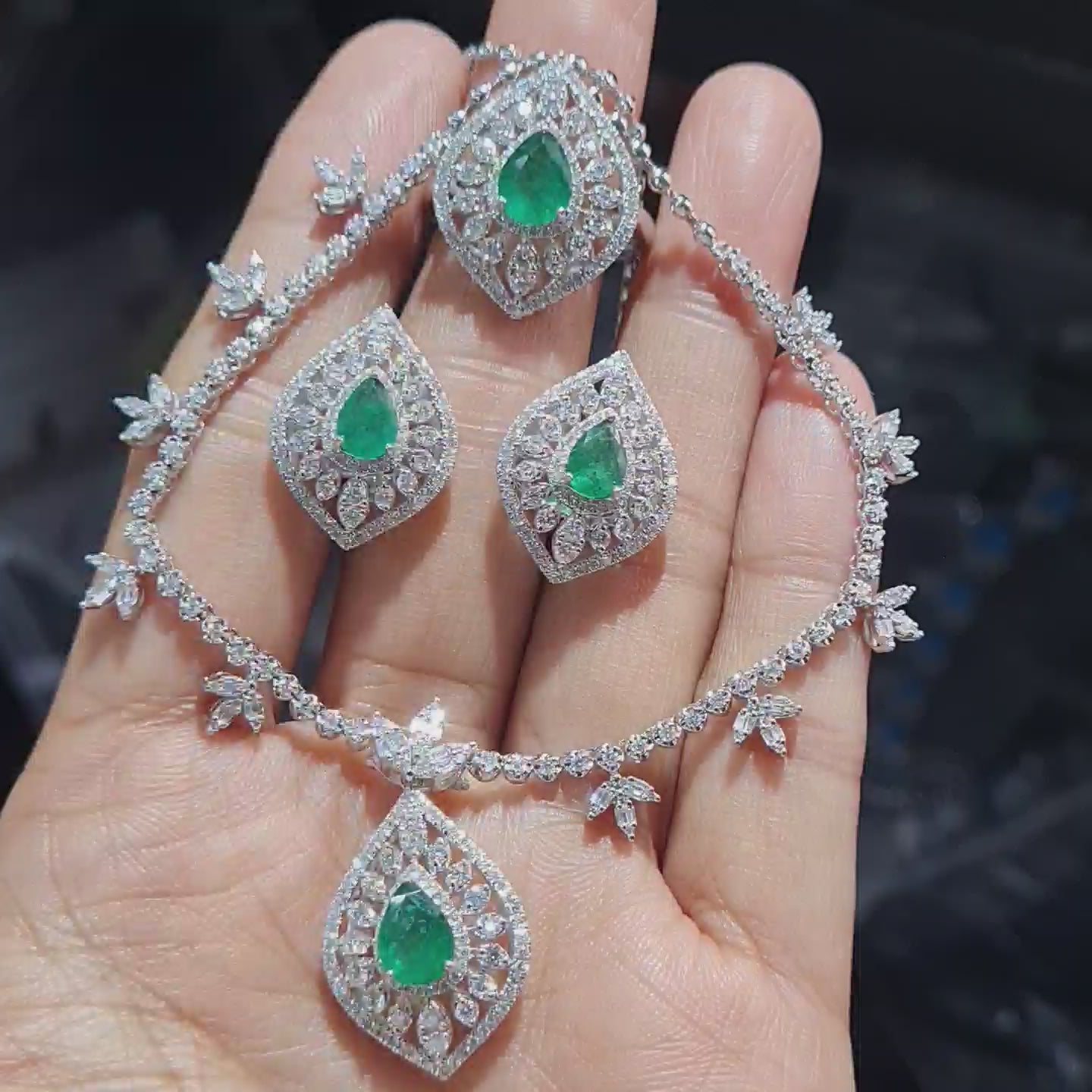 Green Emerald Gemstones Statement Diamond Jewelry Set 14K