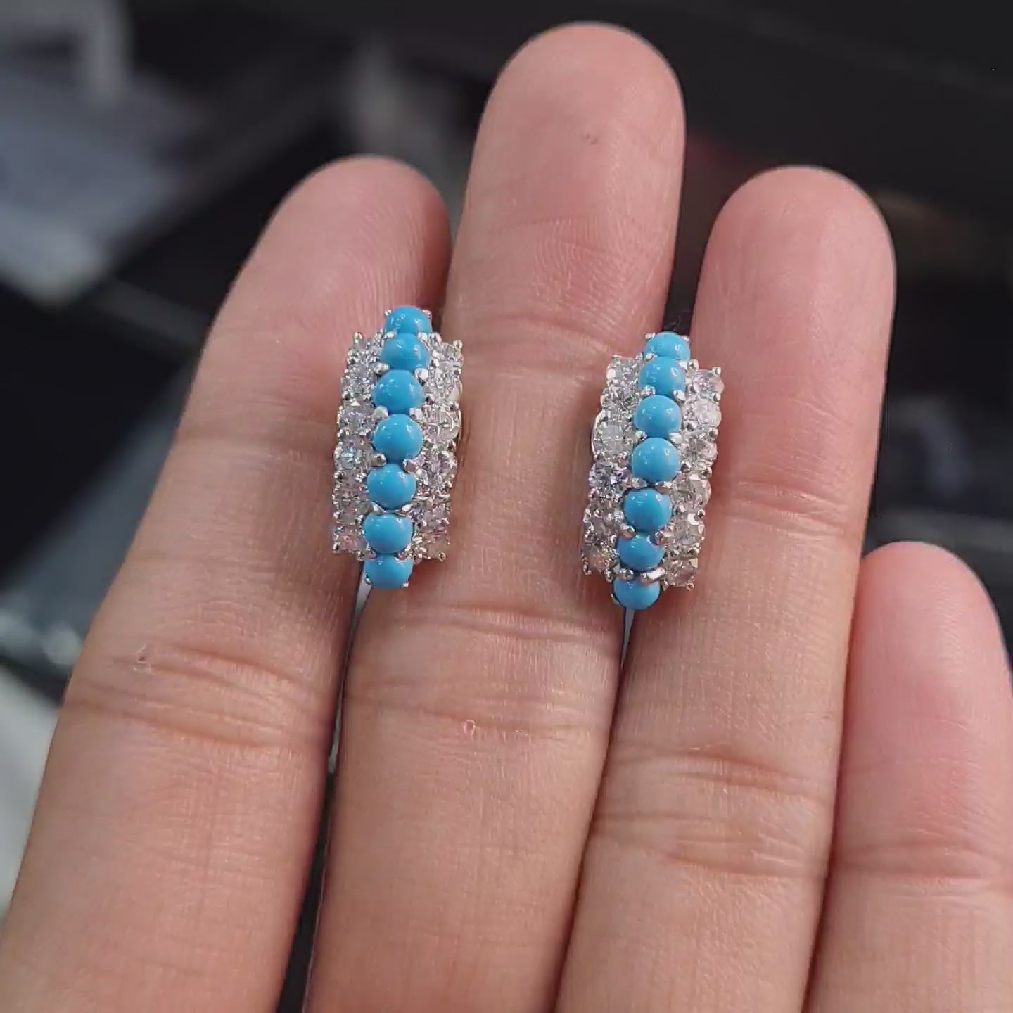 Turquoise Gemstones Hoop Diamond Earrings 18K