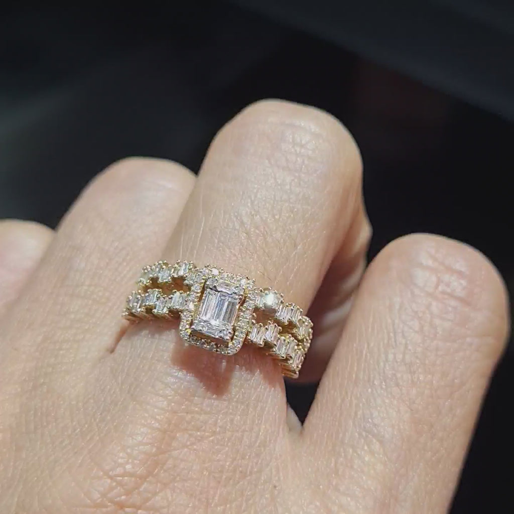 Golden Classic Emerald Twin Diamond Ring 14K