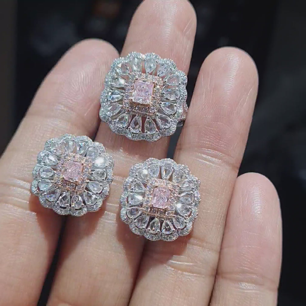 Rare Fancy Pink Diamond Larger Floral Diamond Jewelry Set 14K