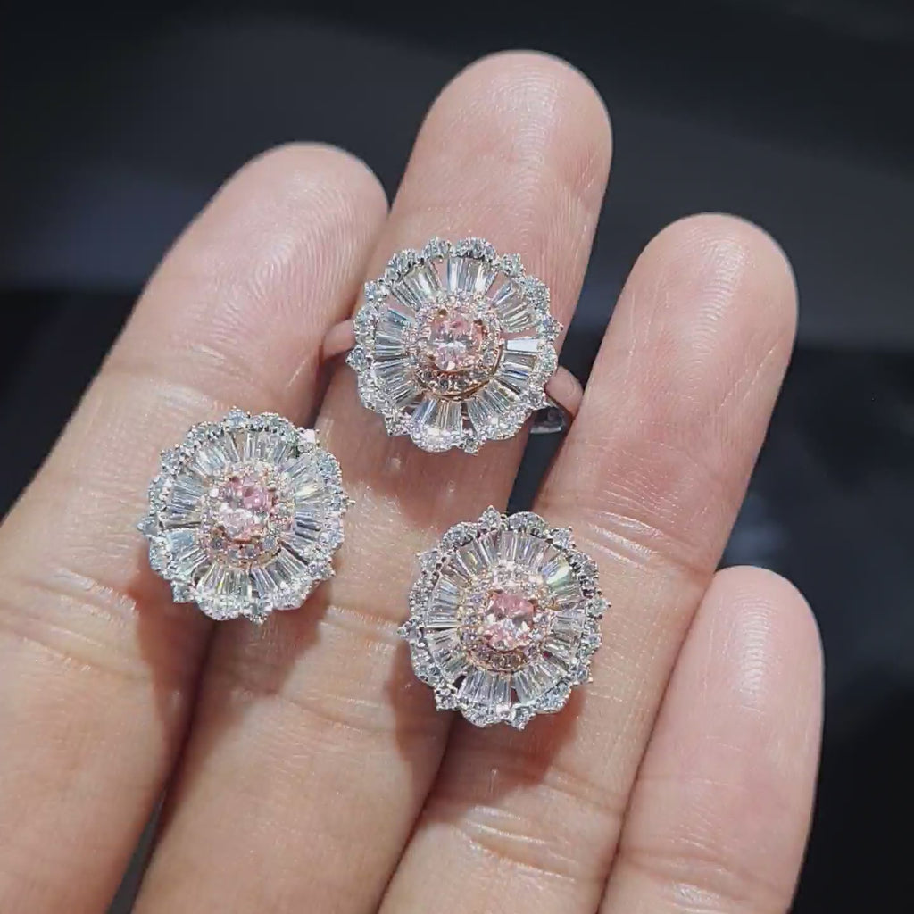 Two Tone Fancy Pink Diamond Oval Baguette Diamond Jewelry Set 14K
