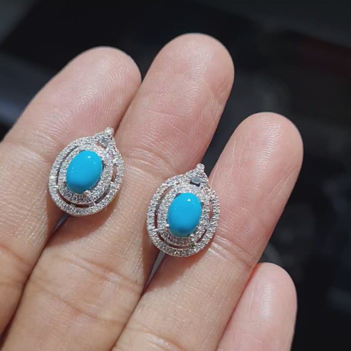 Turquoise Gemstone Oval Halo Diamond Earrings 14K
