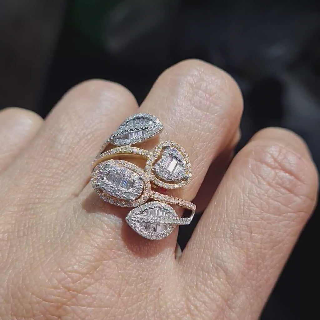 Classic Tricolor Leaf Cluster Diamond Ring 14K