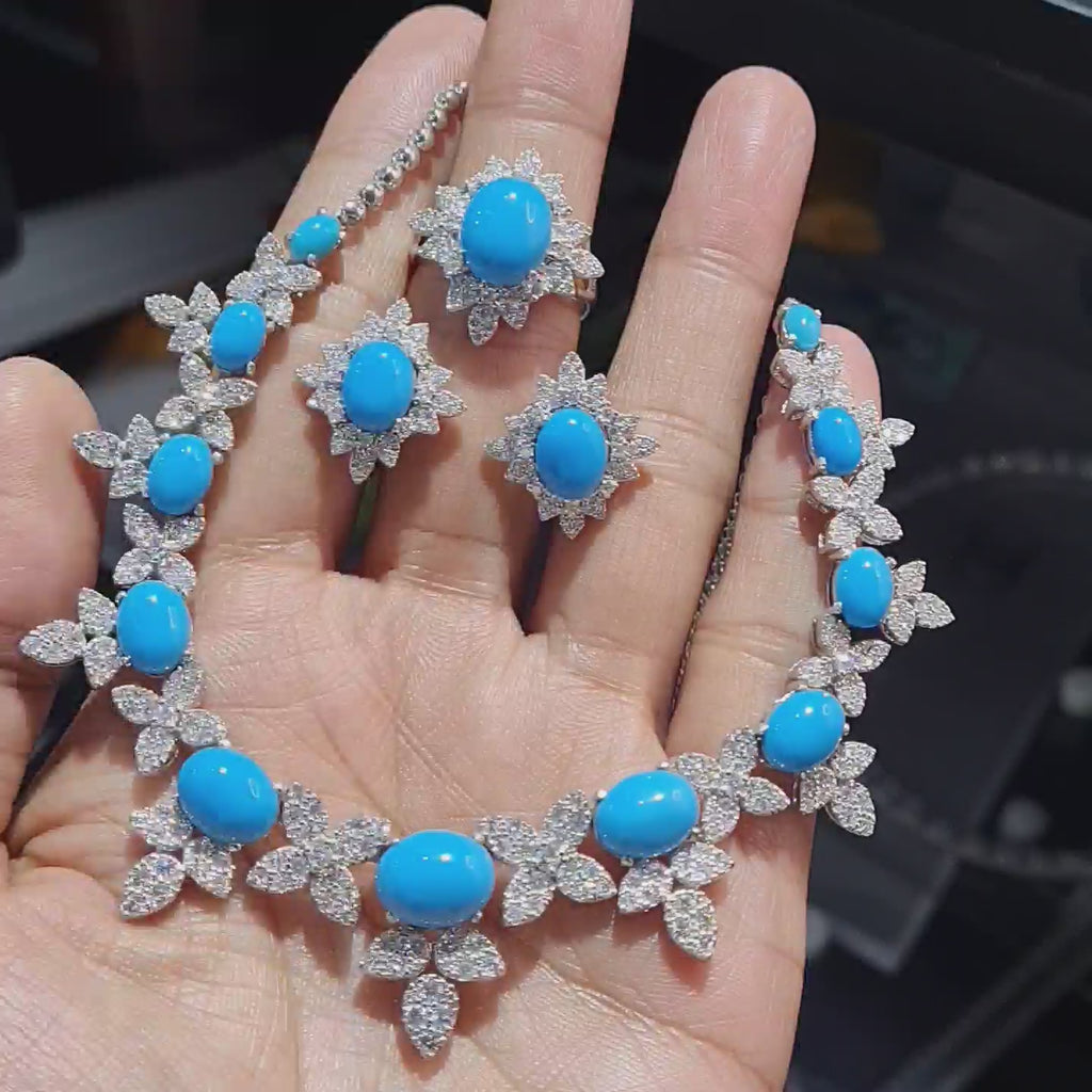 Turquoise Gemstones Floral Cluster Diamond Jewelry Set 14K