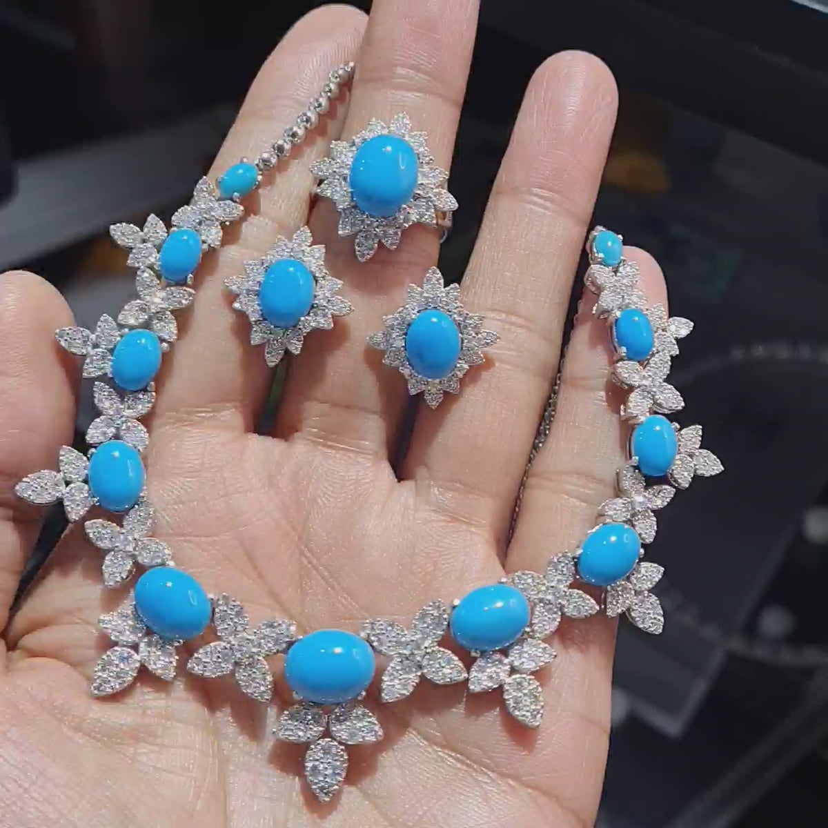 Turquoise Gemstones Floral Cluster Diamond Jewelry Set 14K