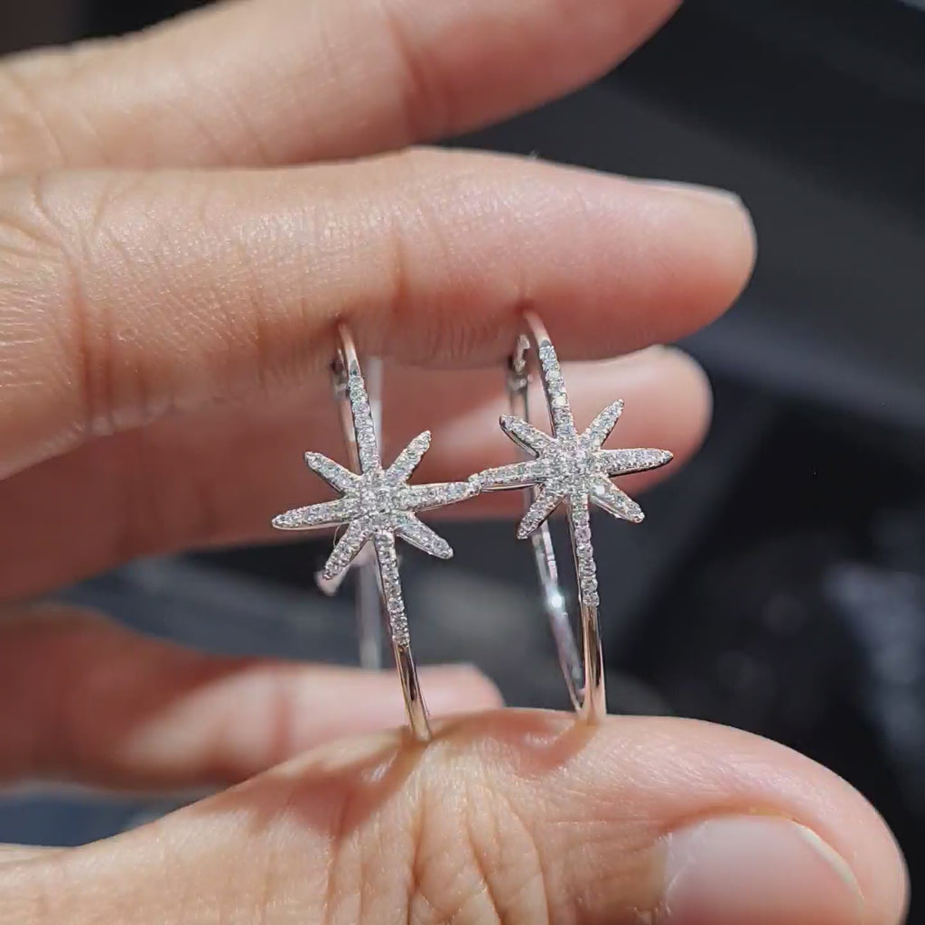 Classic Star Deco Hoop Diamond Earrings 14K