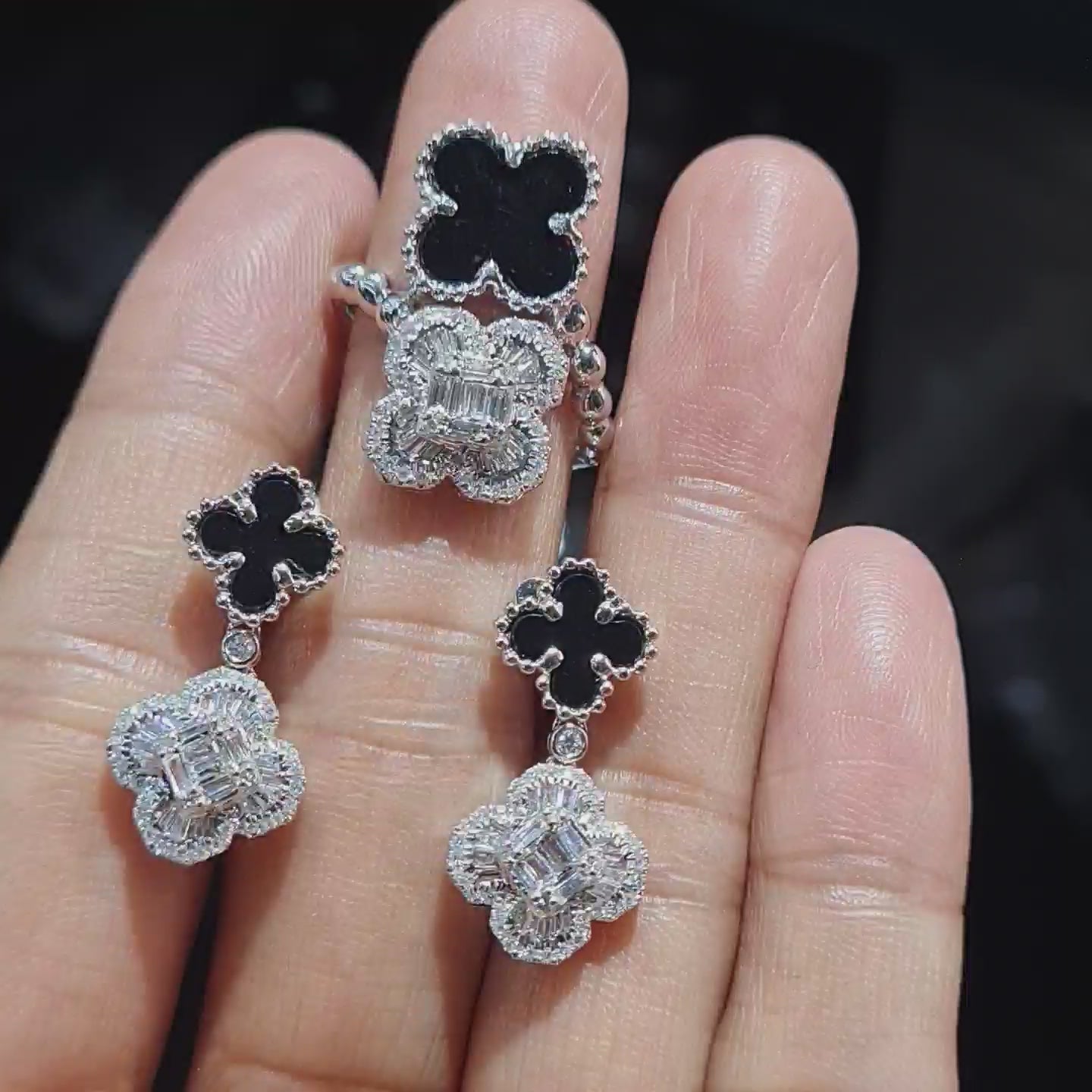 Double Clover Chain Drop Diamond Jewelry Set 14K