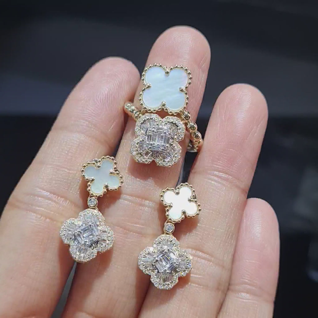 Golden Mother of Pearl Clover Chain Drop Diamond Jewelry Set 14K