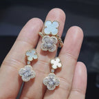 Golden Mother of Pearl Clover Chain Drop Diamond Jewelry Set 14K