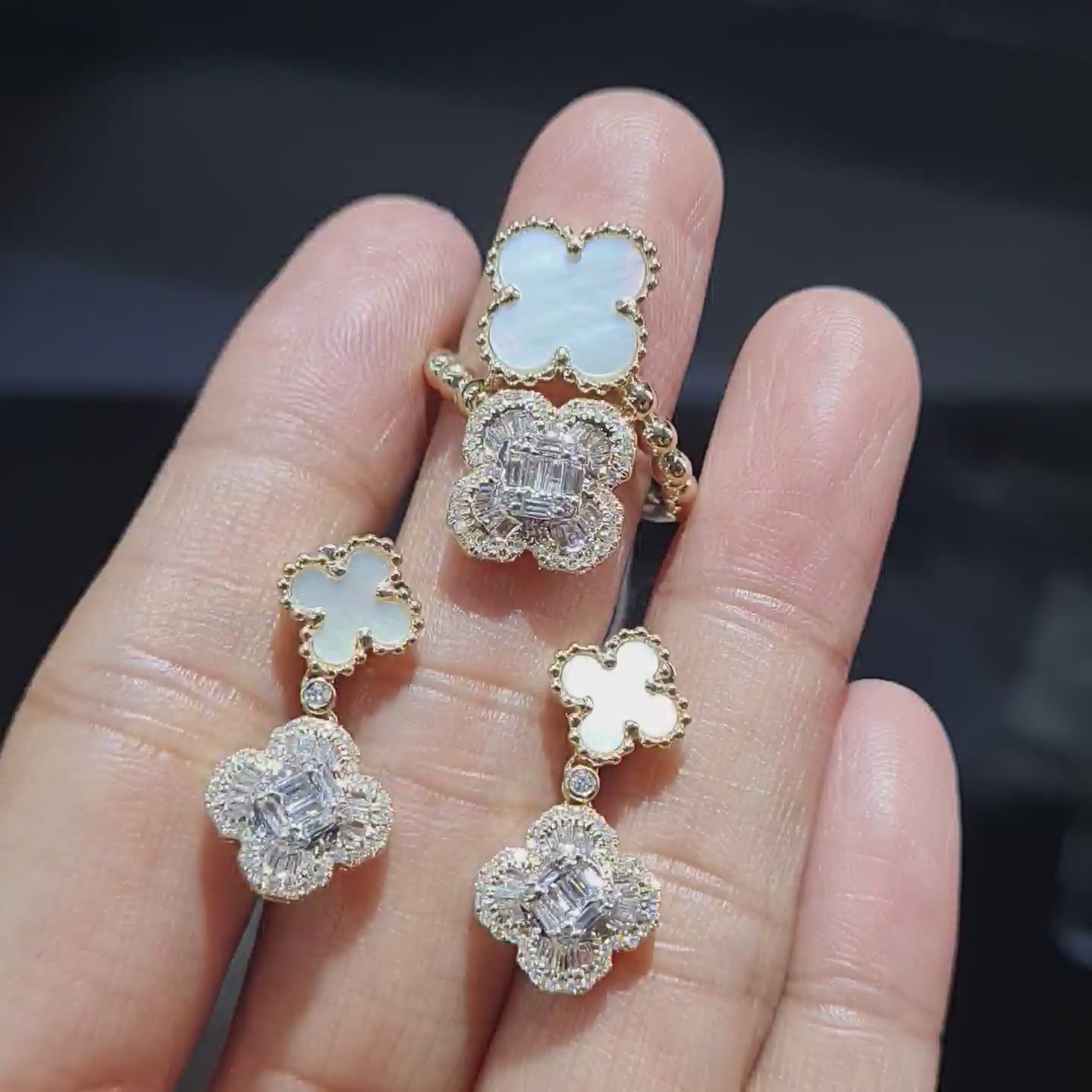 Golden Mother of Pearl Clover Chain Drop Diamond Jewelry Set 14K